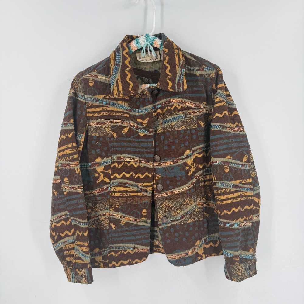 Vintage Life Style Jacket Brown Medium Tribal Southwestern Tapestry Aztec Rustic